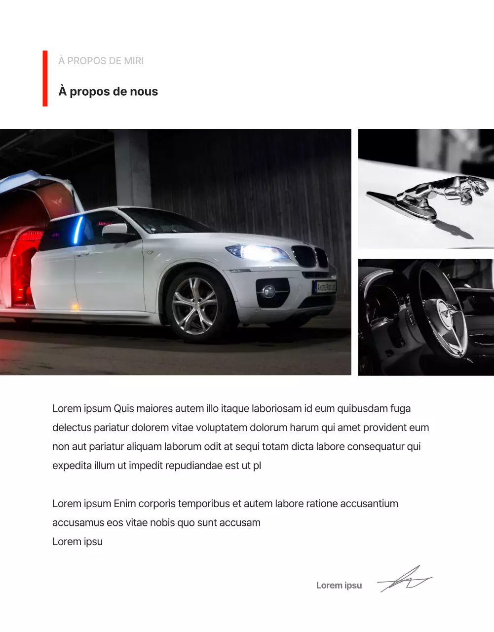 Page détaillée de la promotion d'une limousine en couleur rouge