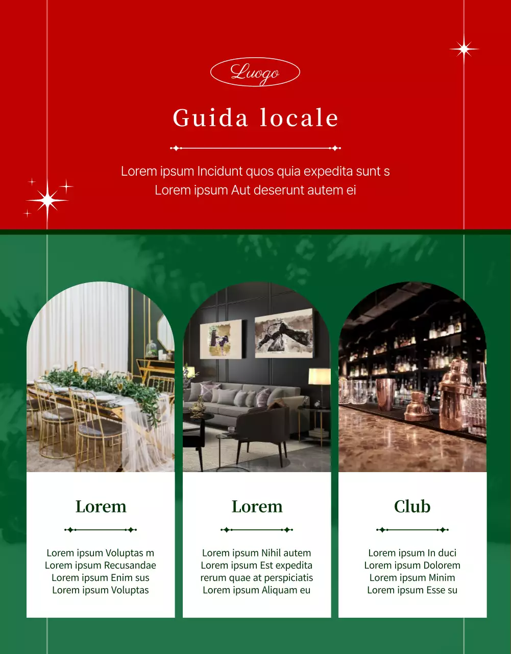 Presentazione dell'affitto di spazi verdi e rossi per le feste