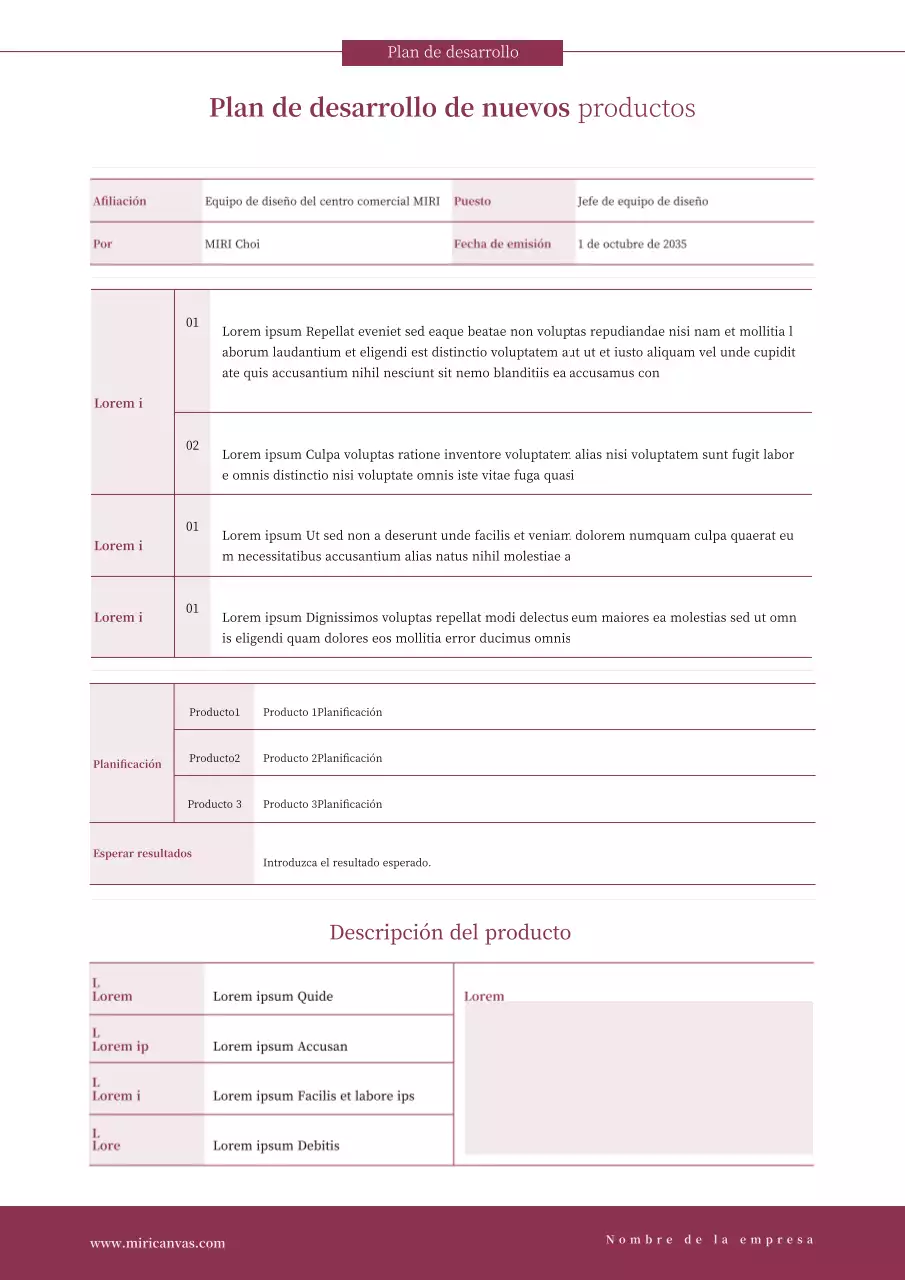 Plan rojo y tabular de desarrollo de nuevos productos