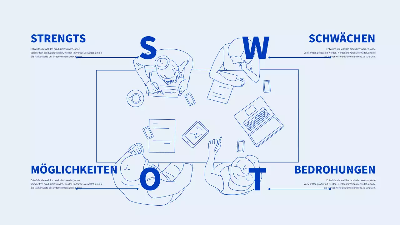 SWOT-Infografik mit blauer und hellblauer Strichdarstellung