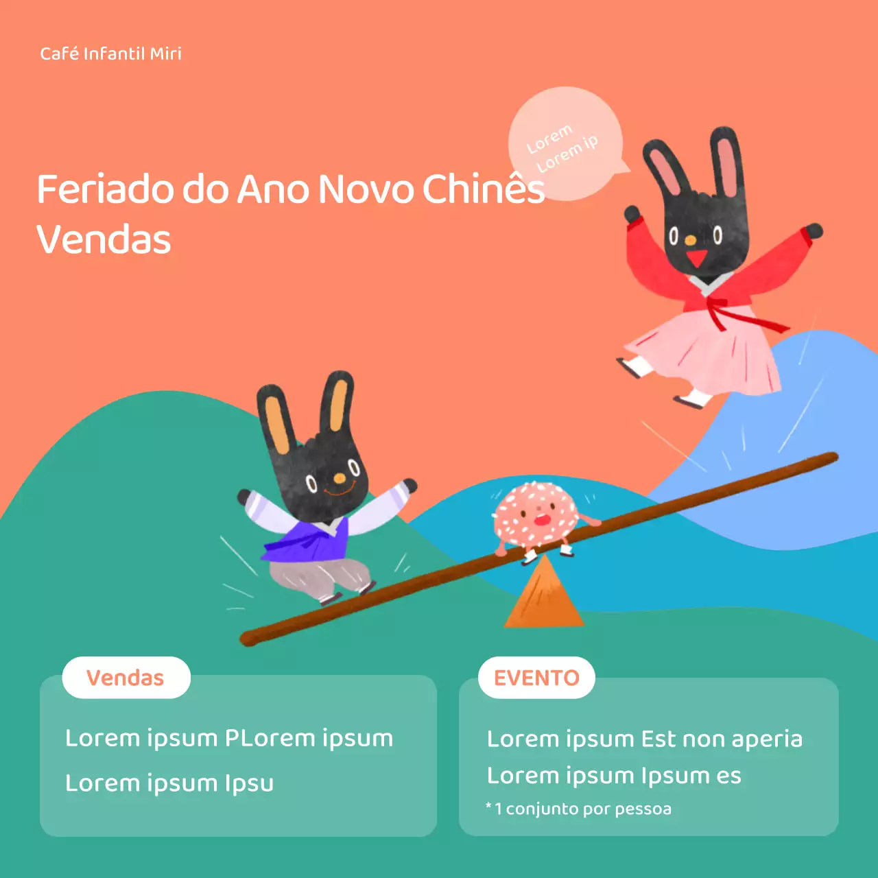 Ilustração de um coelho giro coral turquesa para um café para crianças Informações comerciais sobre o feriado do Ano Novo Lunar