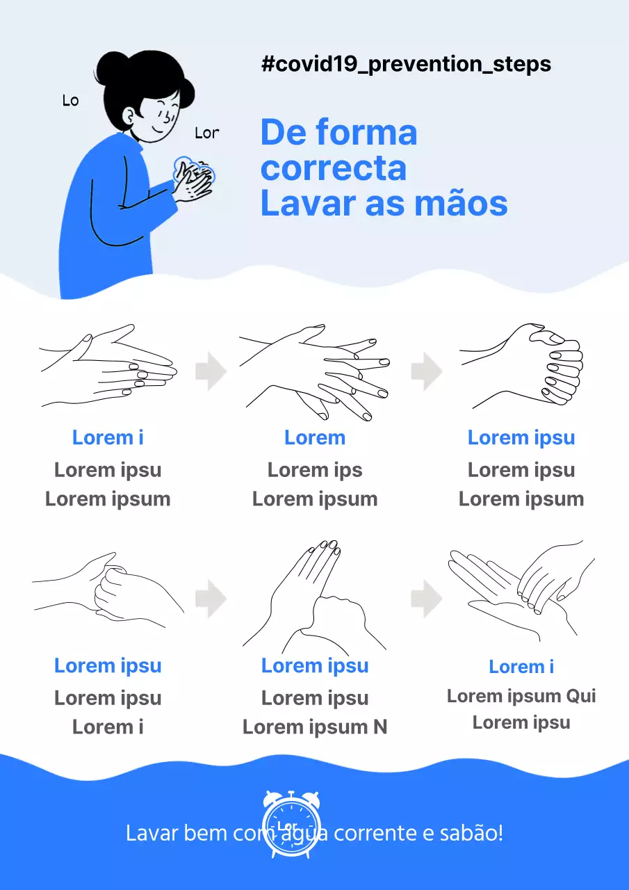 Lavagem correcta das mãos numa simples cor azul Guia de prevenção do coronavírus