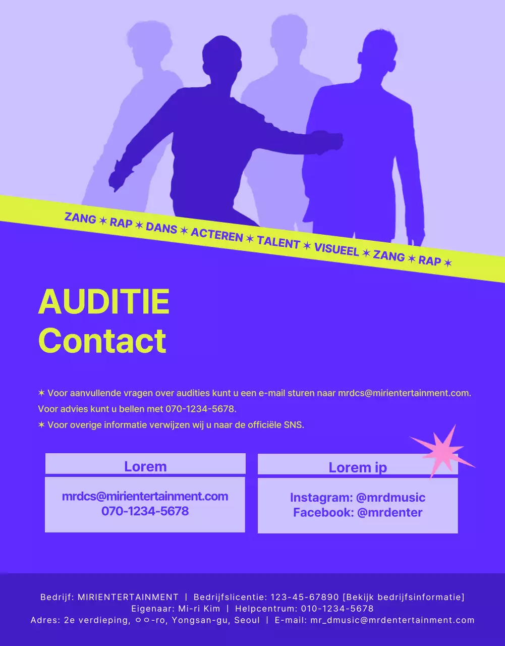 Auditie aankondiging voor een casual concept in paars en limoengroen.