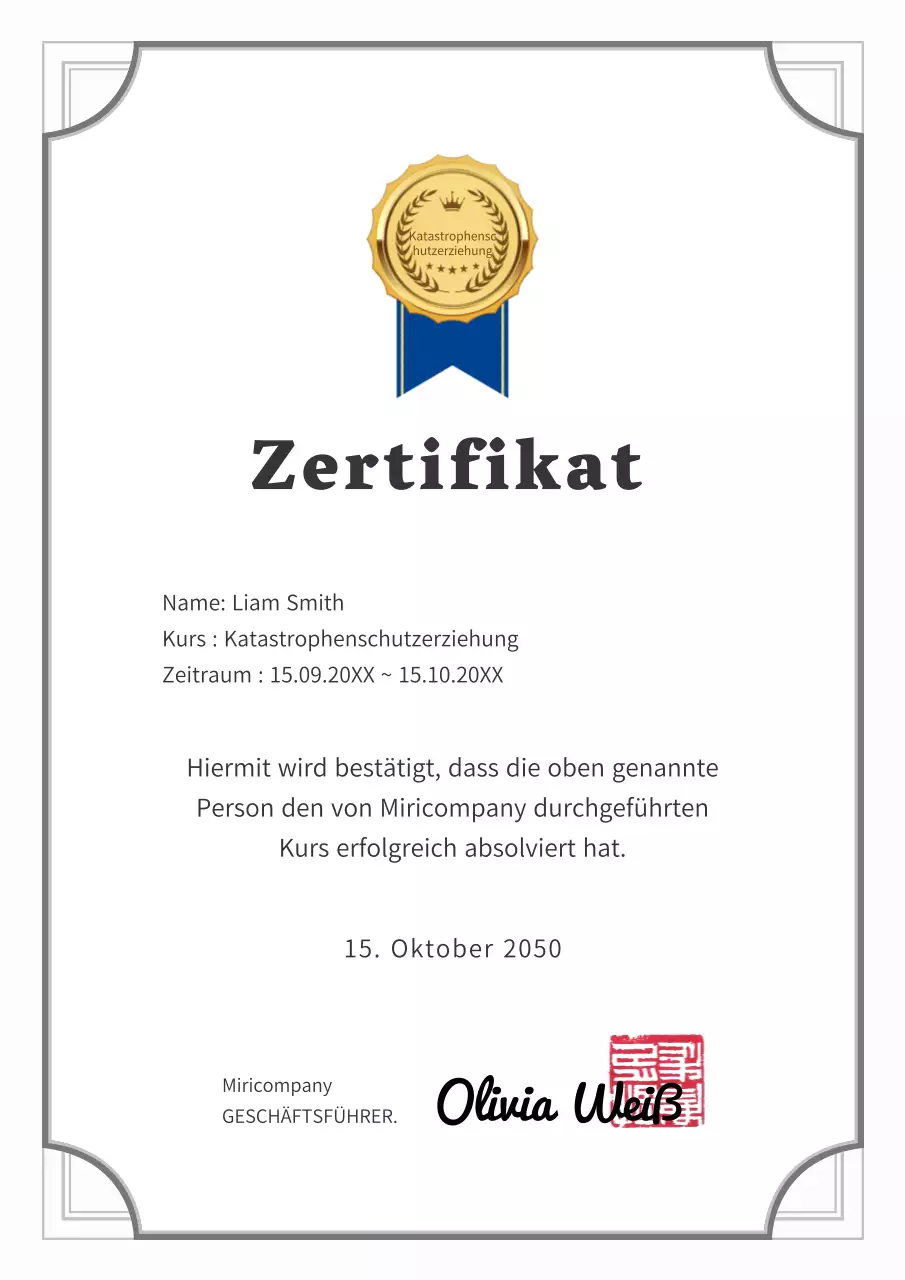 Einfache Bescheinigung über den Abschluss einer Sicherheitsschulung Vorlage für ein Geschäftsdokument