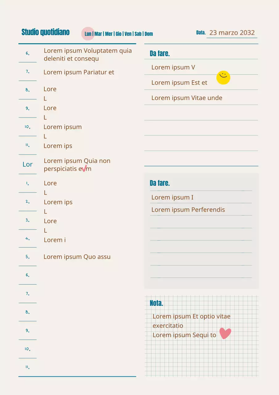 Formattazione del documento del piano di studio giornaliero in verde e marrone