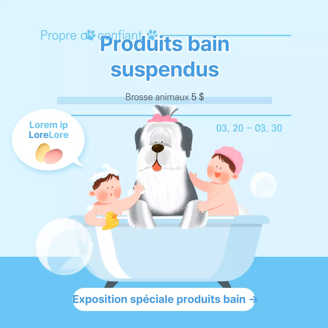 Produits de bain bleu clair pour animaux de compagnie sur les médias sociaux