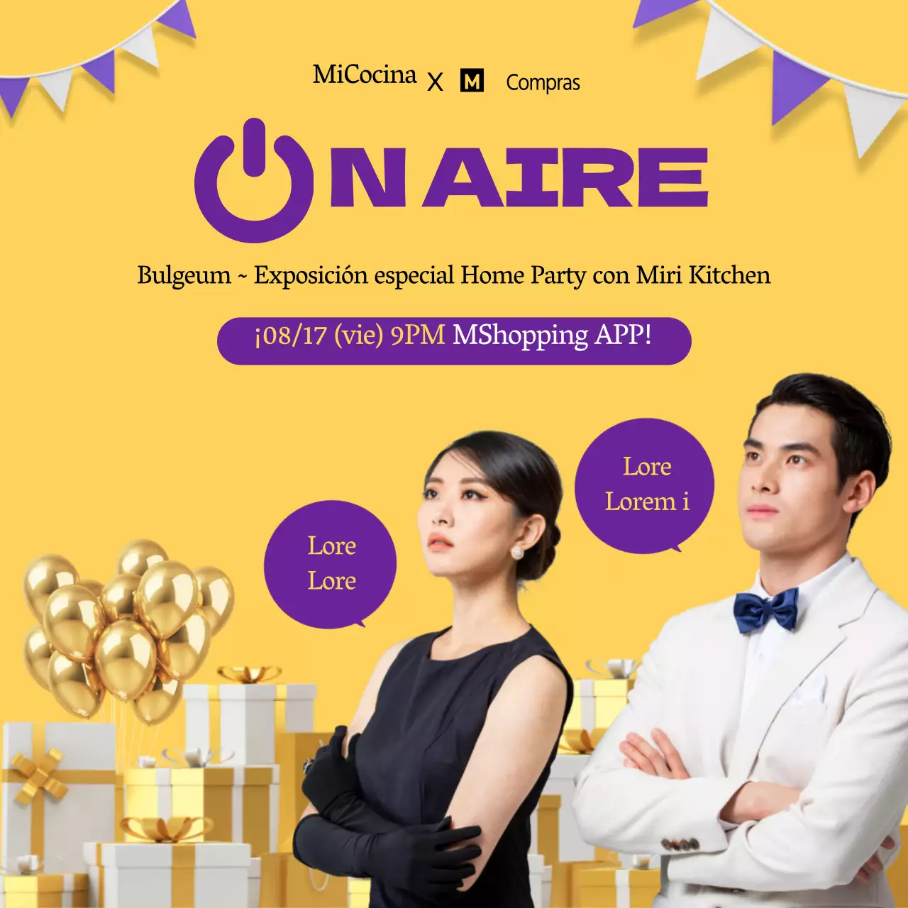 Compras en directo en una exposición de fiestas en casa en la que destacan fotos de modelos de móviles amarillos y morados