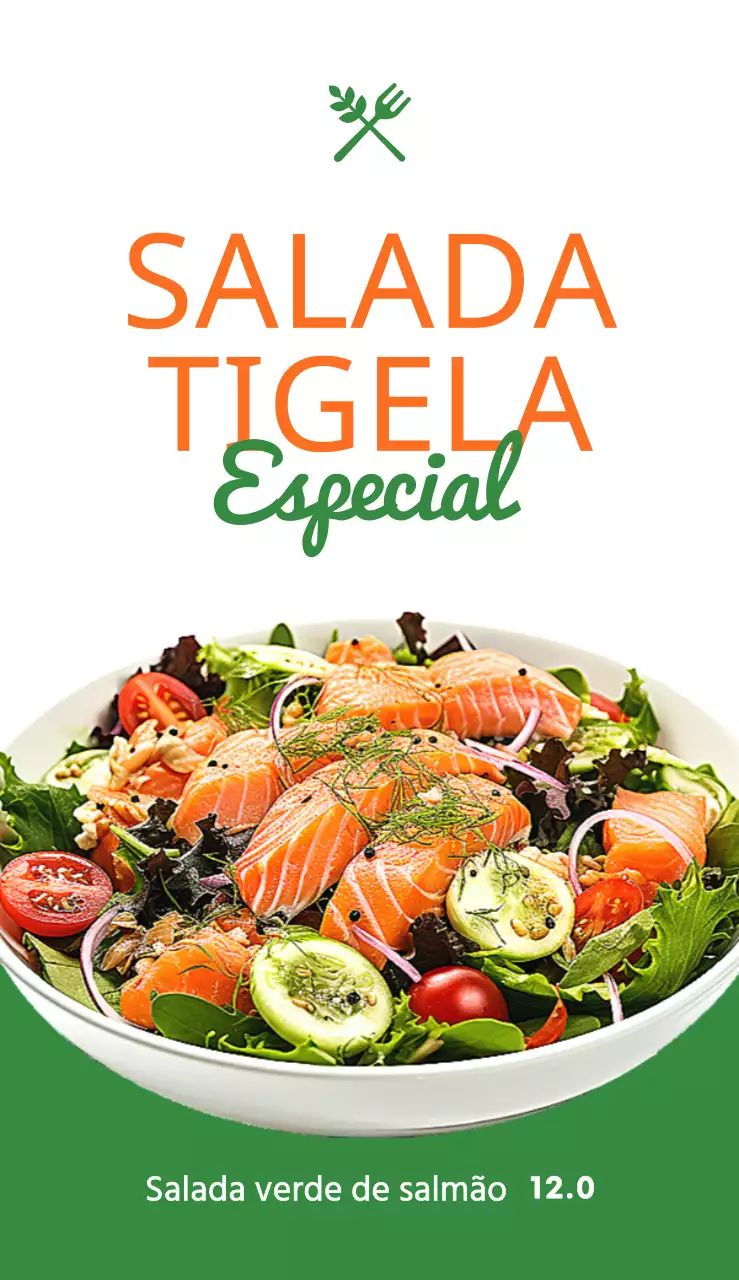 Sinalética de menu de saladas frescas com texto e ilustração do logótipo de uma saladeira amarela, verde e laranja