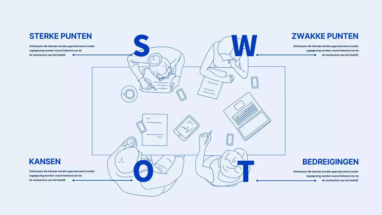 SWOT-infographic met blauwe en lichtblauwe lijnillustratie