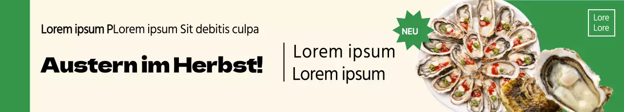 Herbstliches, saisonales Catering-Unternehmen mit einem sauberen, statischen Layout und Fotos von Austern, akzentuiert mit Grünpflanzen