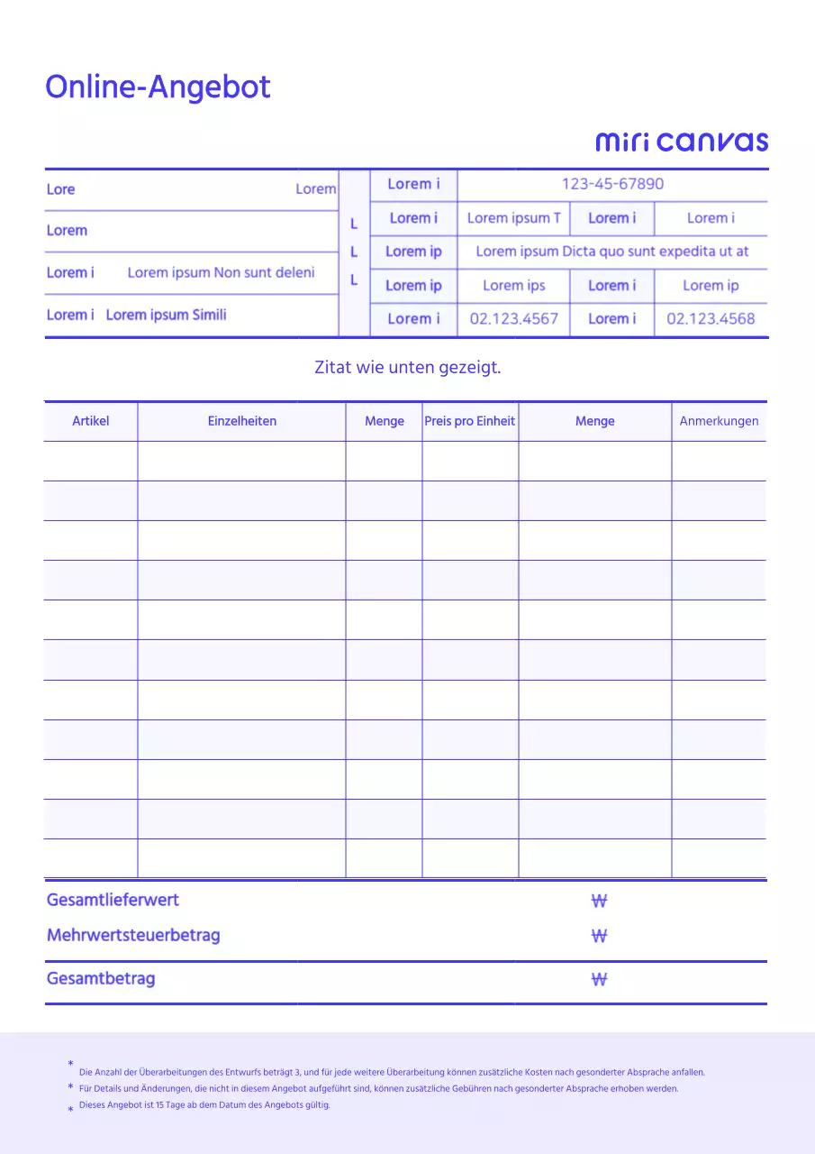 Blue online quote pre-canvas business document templates