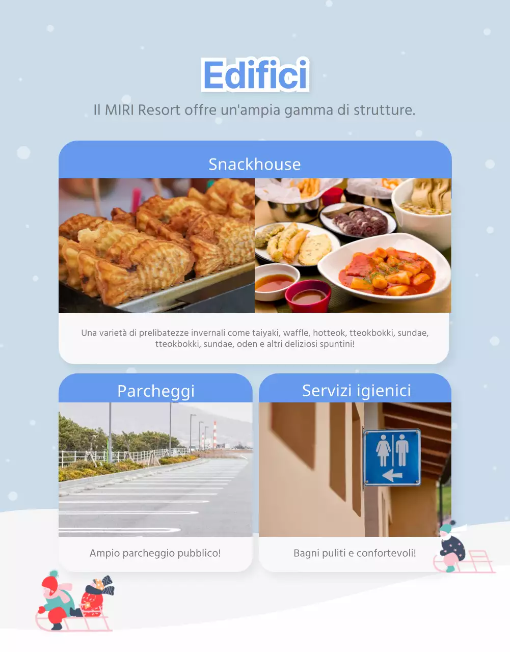 Pagina di dettaglio collina per slittino invernale bianca e blu