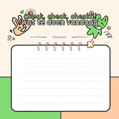 Blocnote met groene en oranje doodle-geïnspireerde illustraties en handschrift