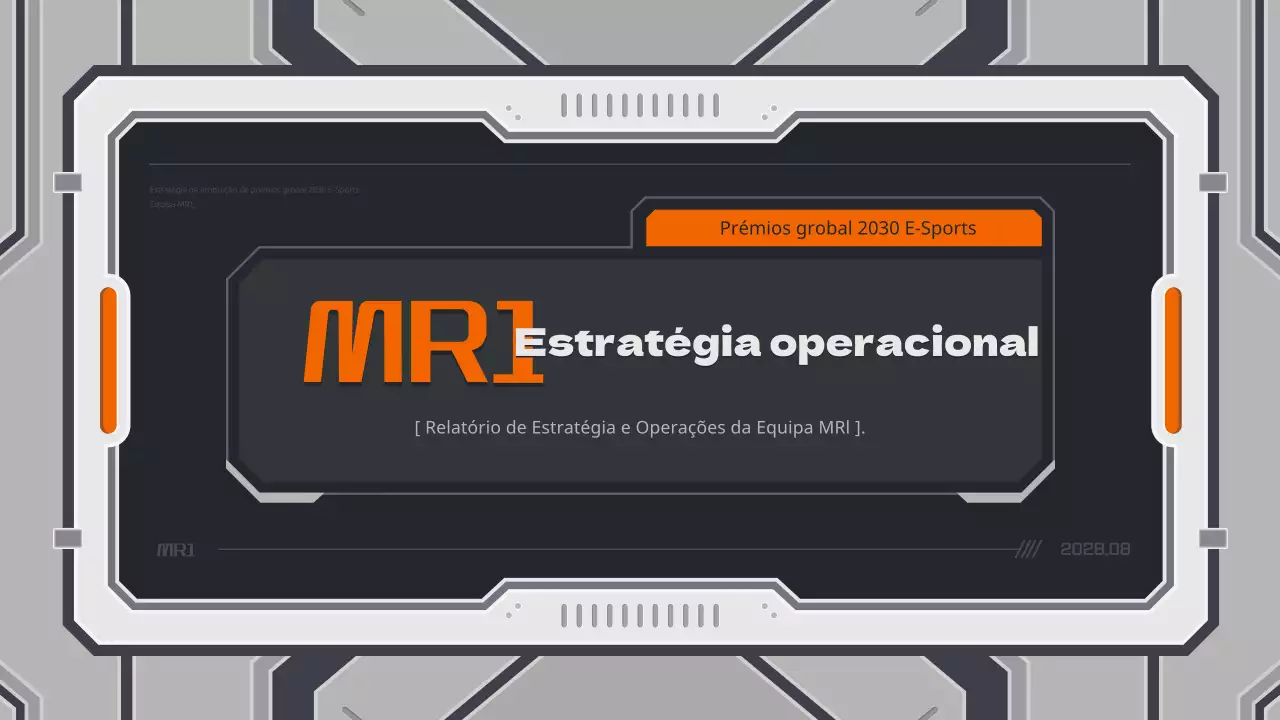 Relatório de estratégia de jogo com um conceito mecânico em cores neutras e laranja.