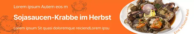 Herbstliche, saisonale Verpflegung mit leuchtend orangefarbenen Hintergründen und Fotos von Krabbenküchlein