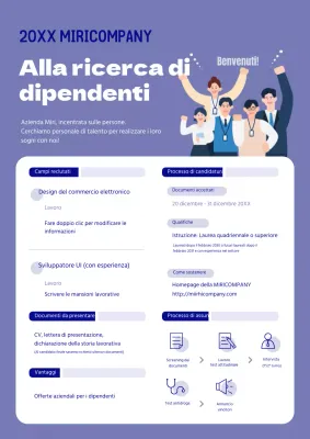Manifesti di reclutamento vivaci e di colore viola per dipendenti nuovi ed esperti.