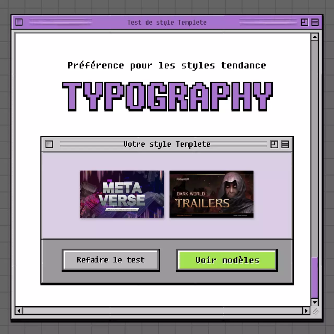 Test psychologique sur navigateur rétro en gris et vert