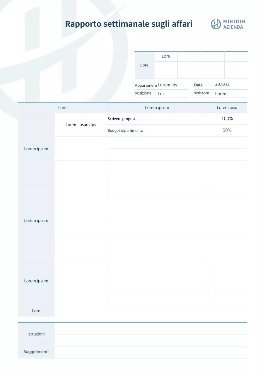 Modulo di documento aziendale semplice Rapporto di lavoro settimanale