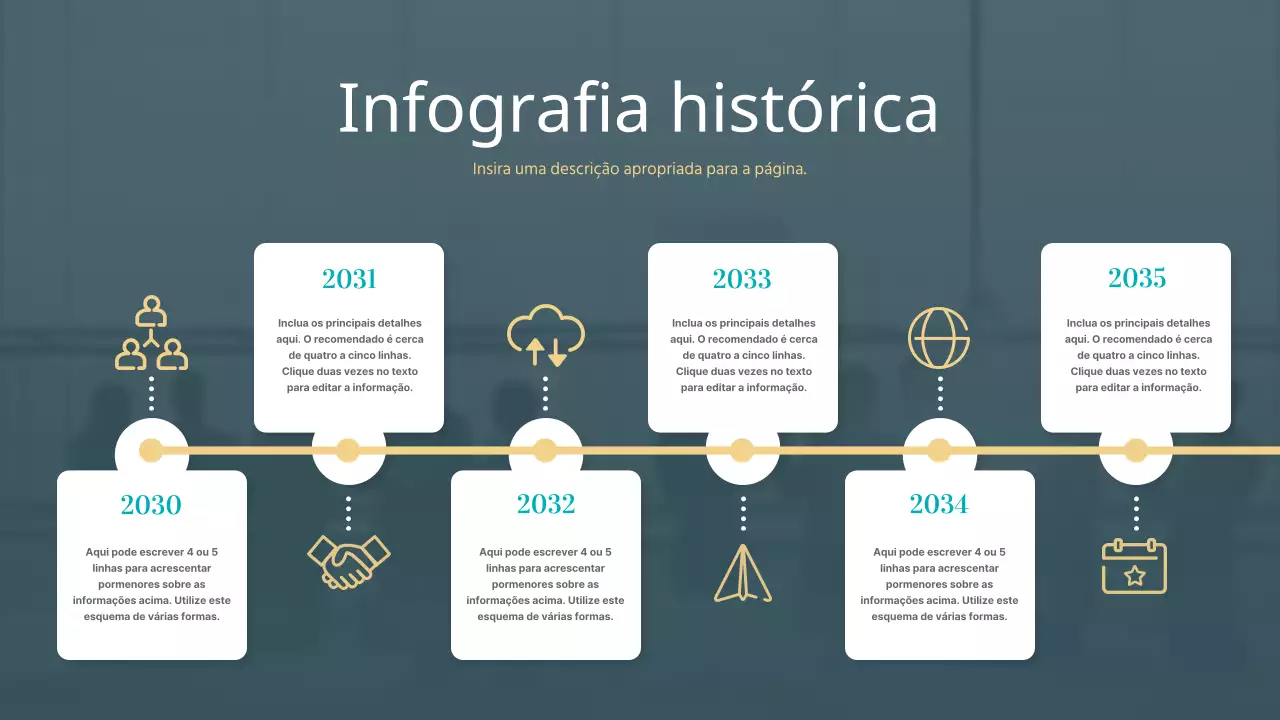 Infografia de cronologia calma em tons de cinzento e verde com ícones