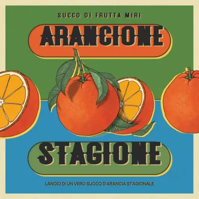 Il concept pop art arancione e verde introduce il menu di frutta stagionale