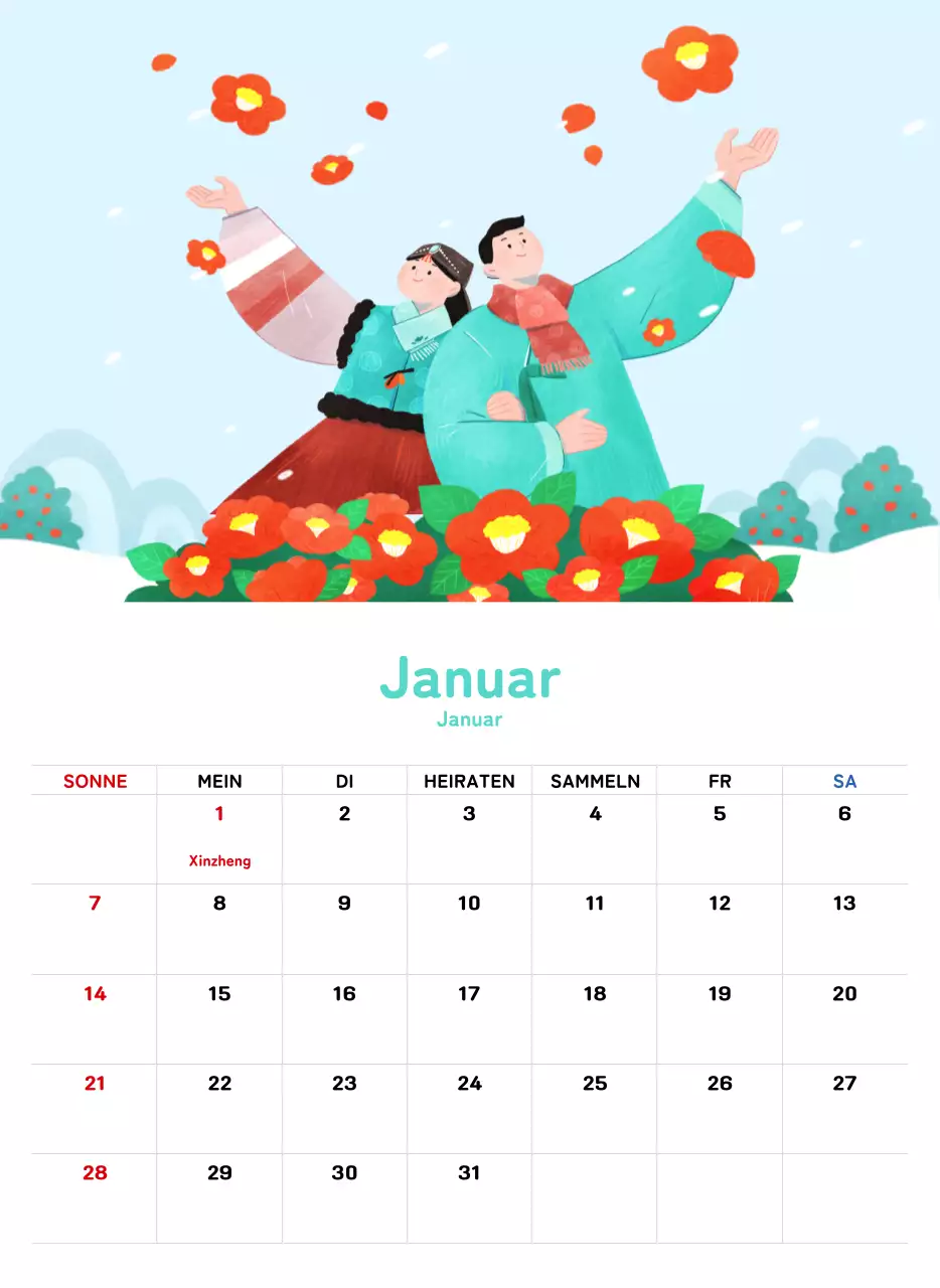 Ein warmer, illustrierter Kalender für das neue Jahr