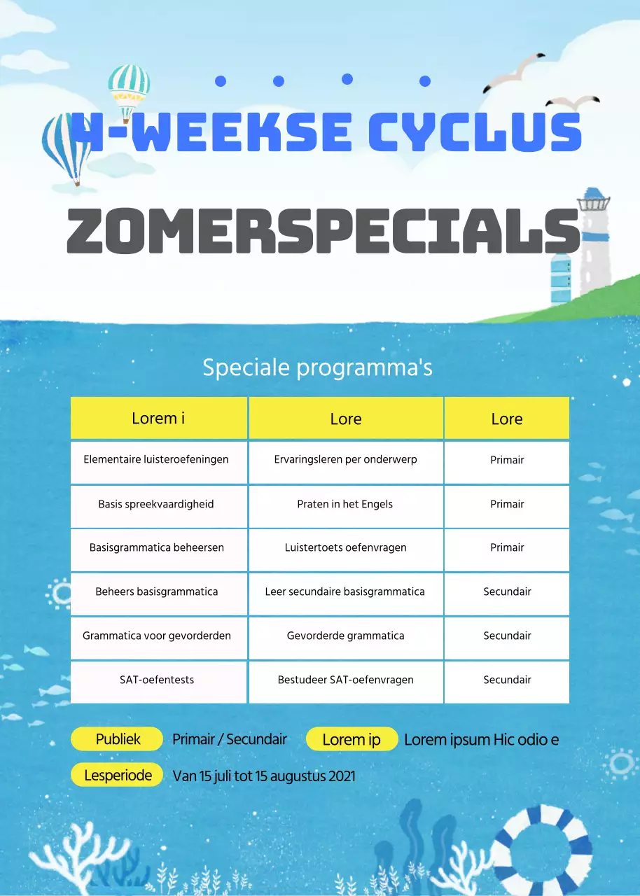 Een blauwe poster die een zomervakantie aankondigt