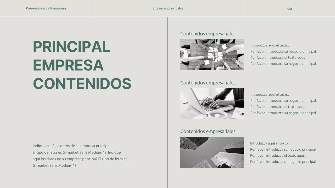 Un sencillo perfil de empresa verde y beige