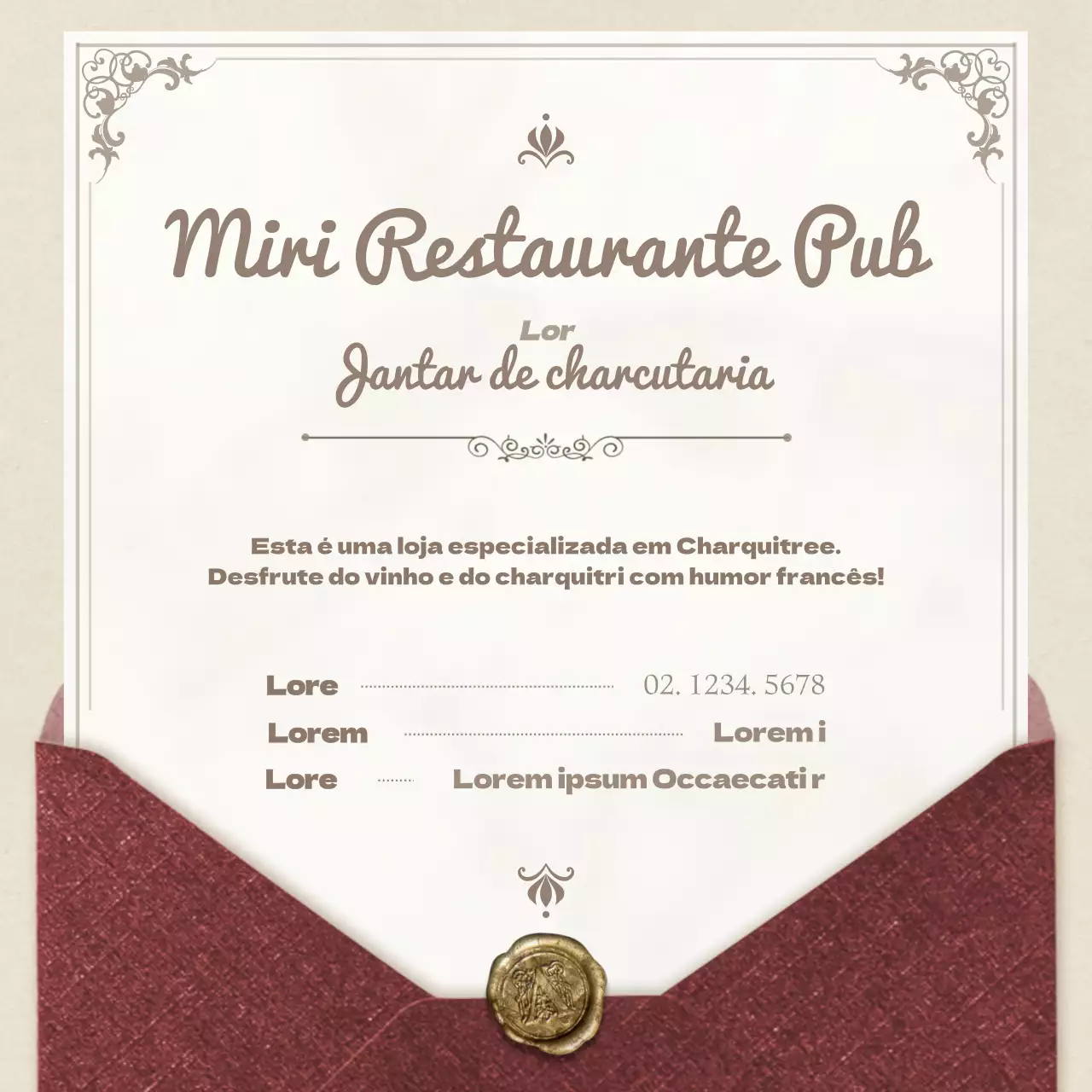 Uma carta antiquada e elegante em vermelho e amarelo pálido para uma reserva de jantar de charcutaria concetual.