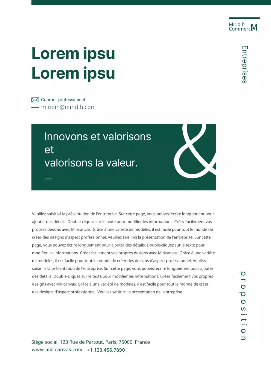 Proposition d'affaires simple, verte et typographique