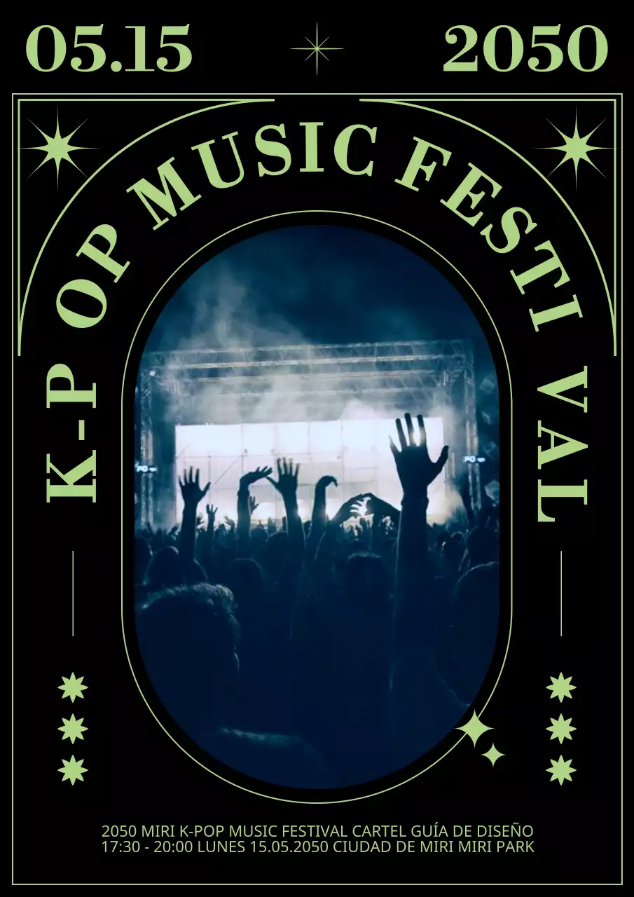 Festival de música rock con estrellas y rayas en negro y chartreuse