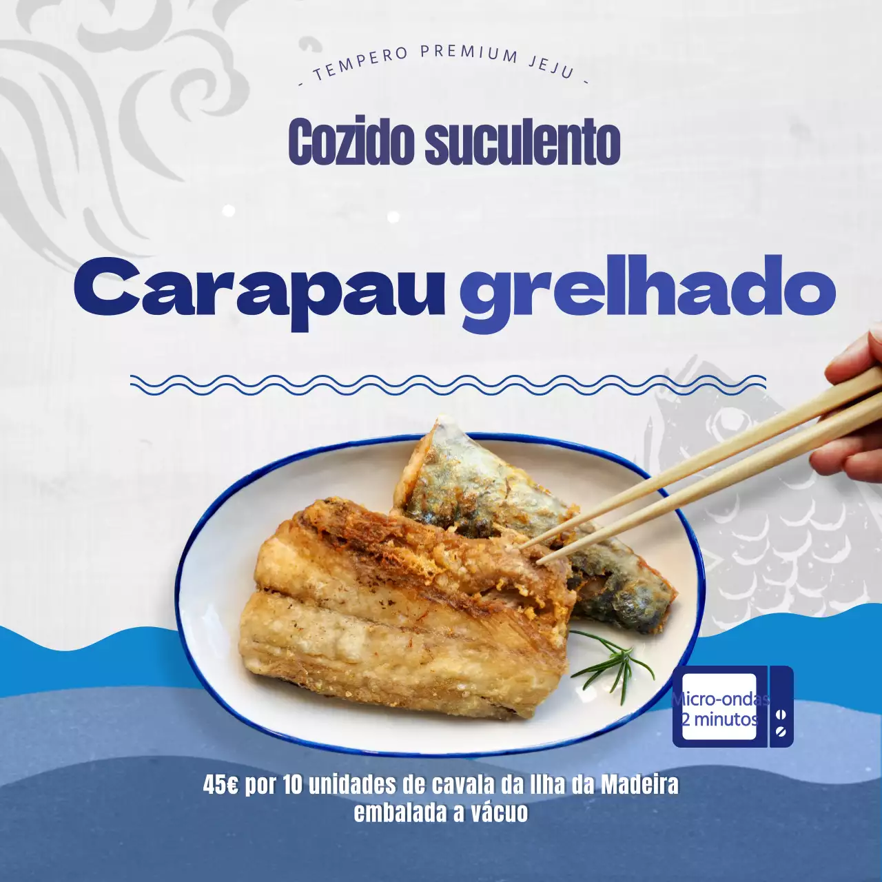 Um anúncio de cavala espanhola grelhada da ilha de Jeju, na sua cor natural azul e cinzenta
