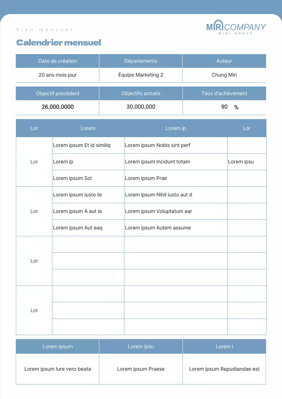 Un plan de travail mensuel propre et de couleur bleue