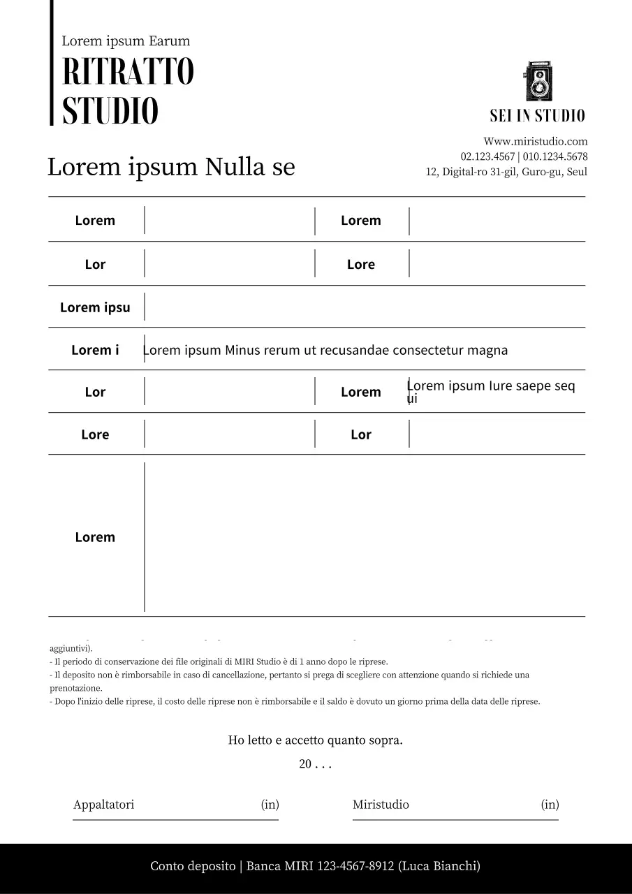 Contratto per un semplice servizio fotografico in studio in bianco e nero