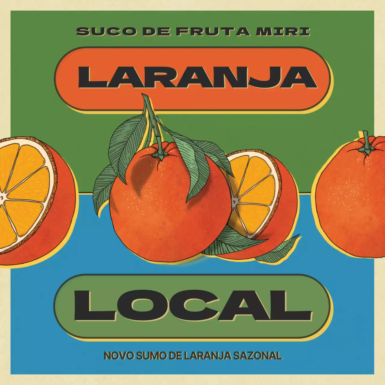 O conceito pop art laranja e verde apresenta o menu de frutas sazonais