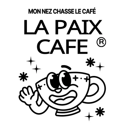 Combinaison de caractères et de textes en noir et blanc pour une tasse à café mignonne et branchée. Logo pour la promotion d'un café et la promotion d'une entreprise.