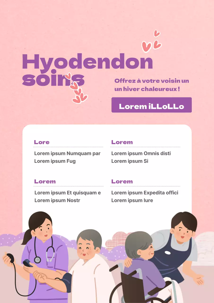 Thème rose mauve pour les soins aux personnes âgées avec des textures chaudes et des concepts d'illustration doux