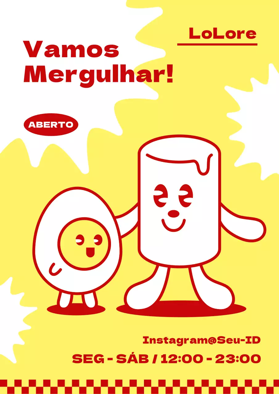 Cartaz de restaurante com personagem tteokbokki vermelho e amarelo