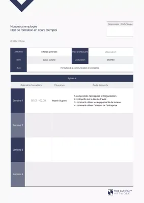 Plan de formation en cours d'emploi des nouveaux employés, bleu marine et soigné