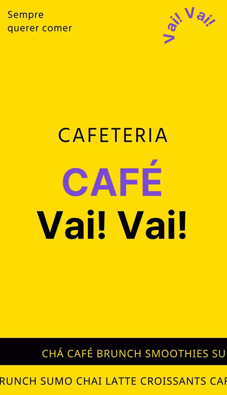 Um painel de sinalização simples para um café em amarelo, preto e roxo com texto e formas relacionadas com o café Gogo Coffee.