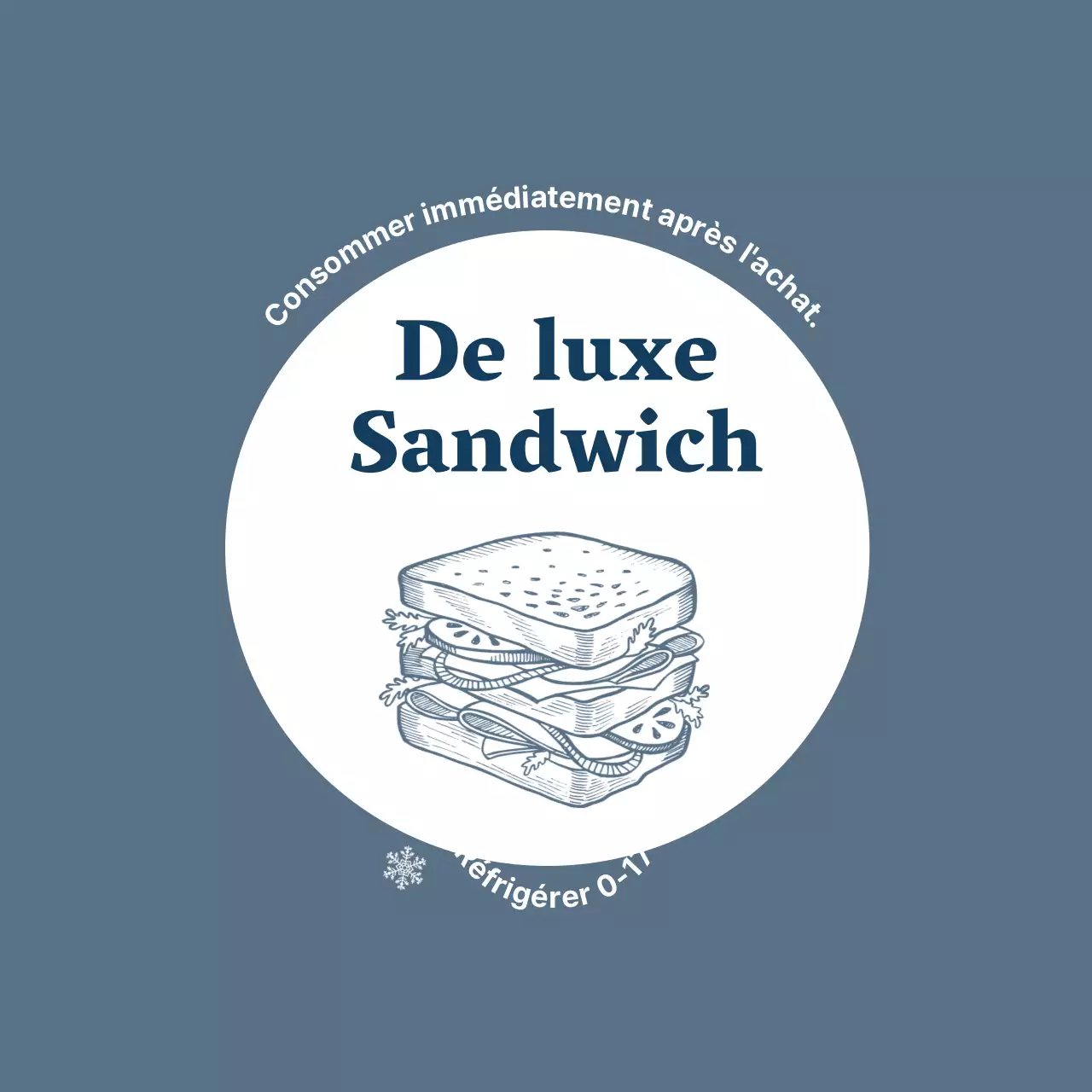 Illustration bleue étiquette de sandwich alimentaire vintage
