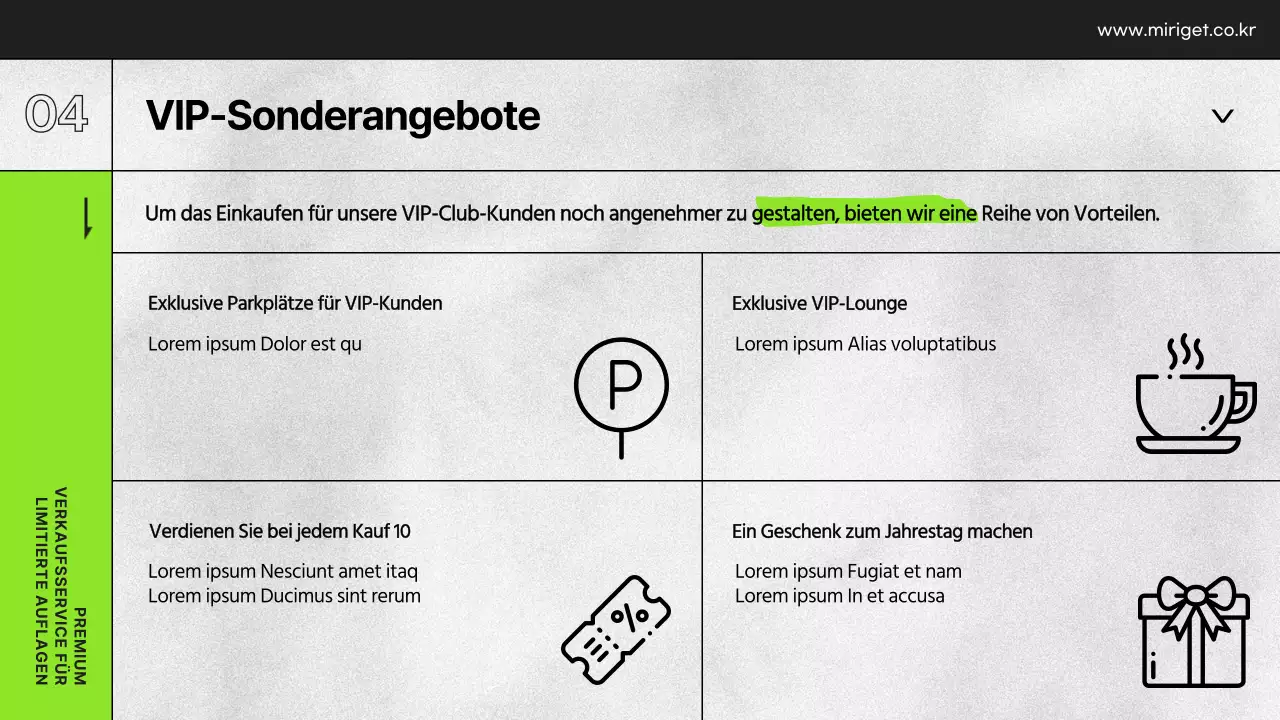 Präsentation der VIP-Vorteile eines Kaufhauses in Schwarz-Weiß und Limettengrün