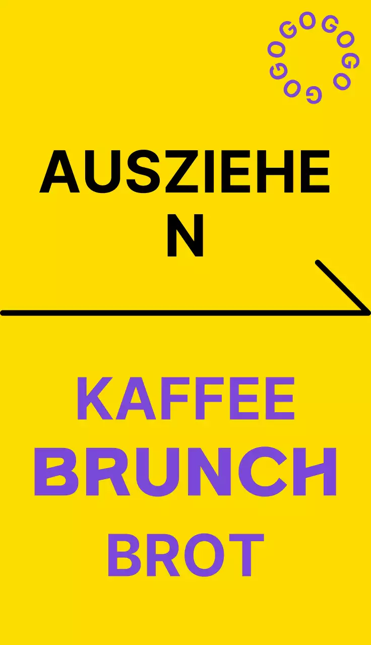 Ein einfaches Schild für ein Café in Gelb, Schwarz und Lila mit Text und Formen, die sich auf das Gogo Coffee Café beziehen.