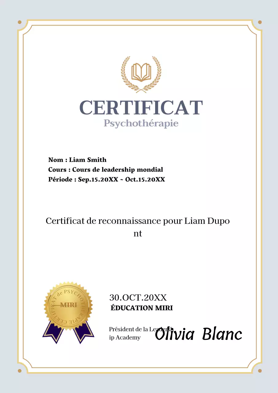 Certificat de conseil psychologique gris et or