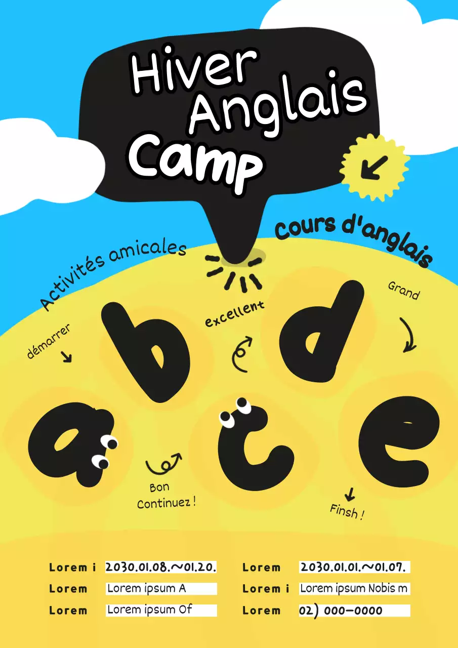 Mignon guide de camp en anglais primaire sur fond bleu clair et jaune (webposter vertical)