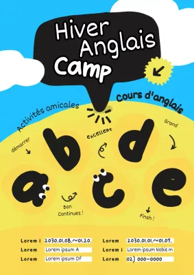 Mignon guide de camp en anglais primaire sur fond bleu clair et jaune (webposter vertical)