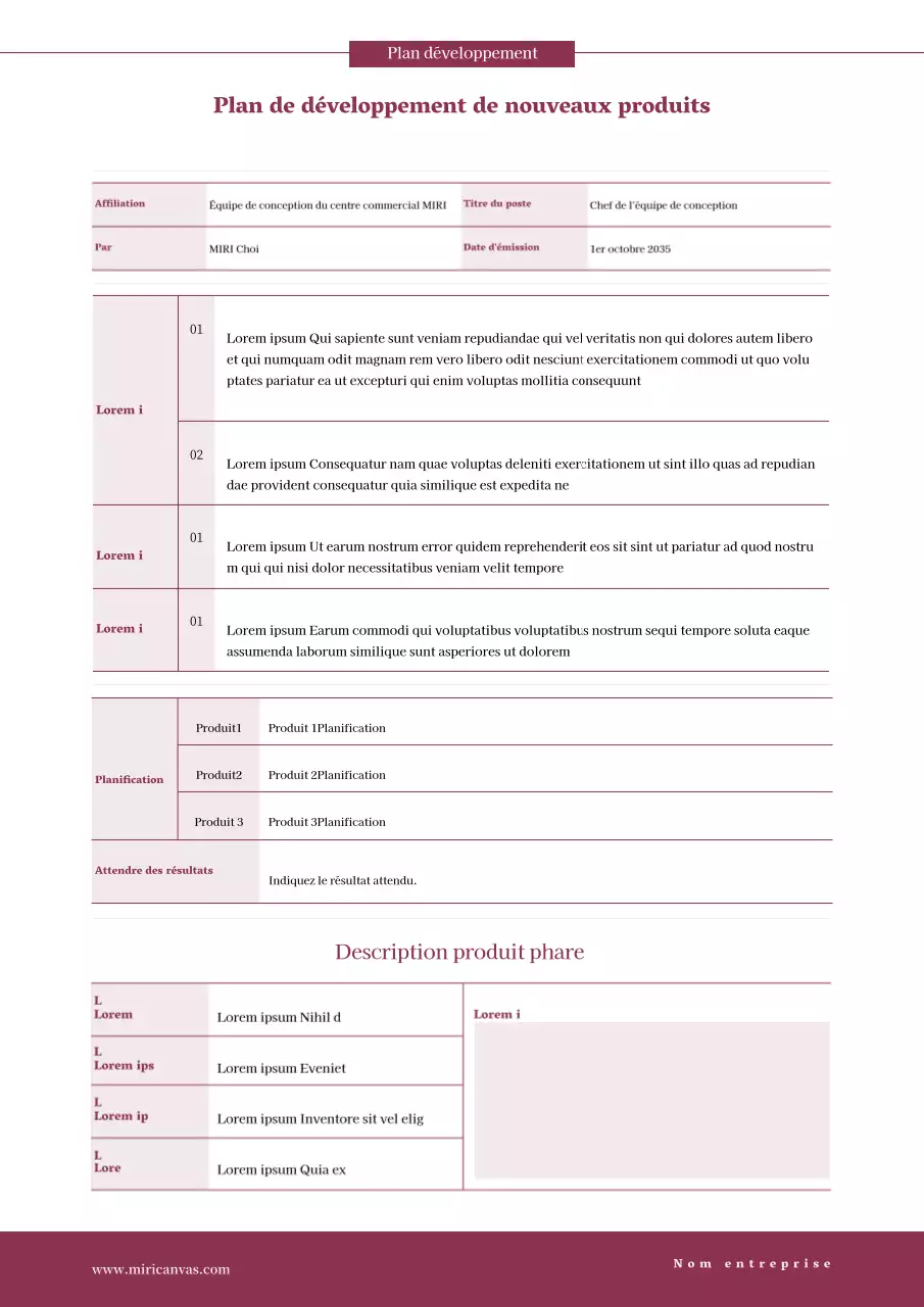 Plan de développement de nouveaux produits en rouge, sous forme de tableau