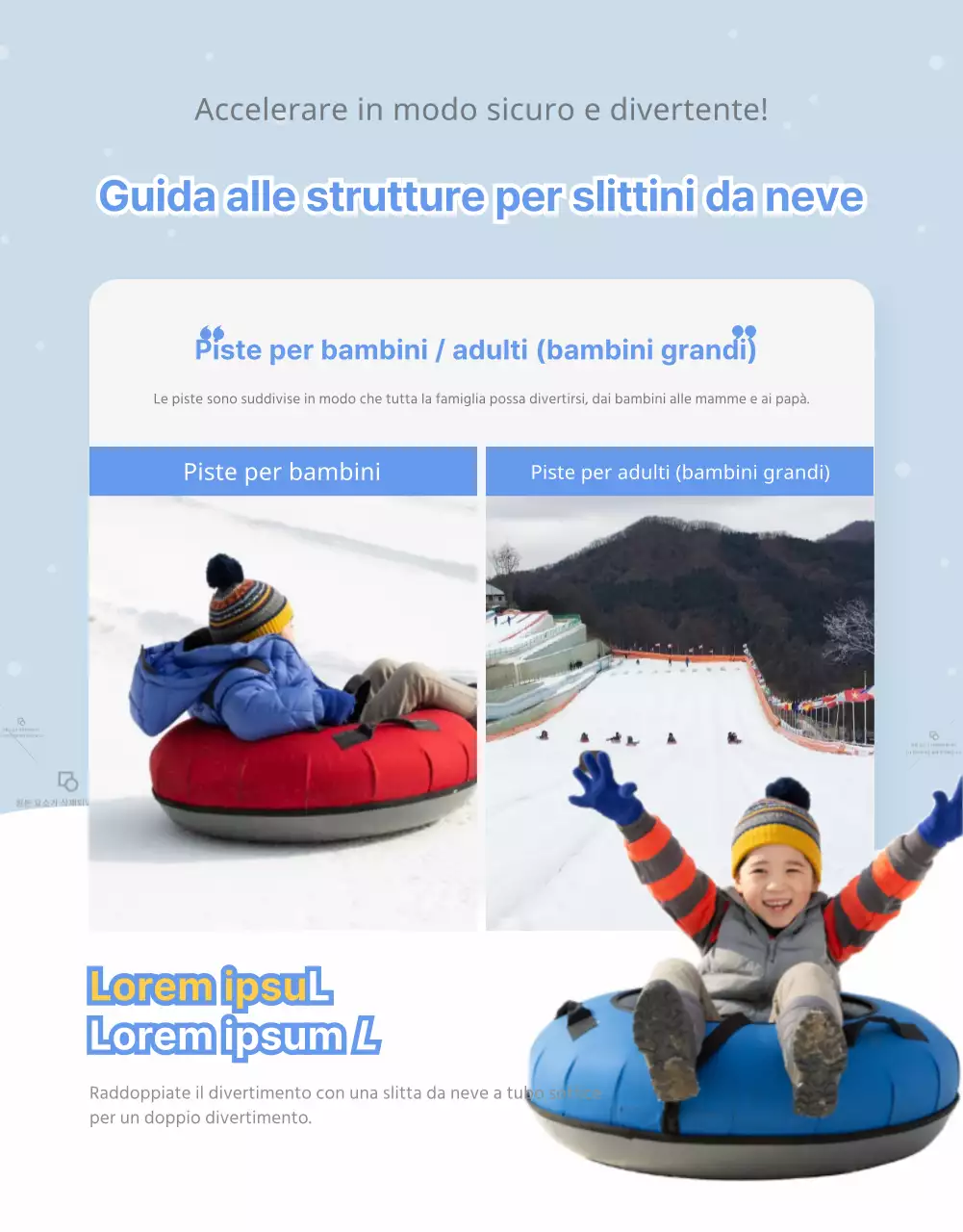 Pagina di dettaglio collina per slittino invernale bianca e blu