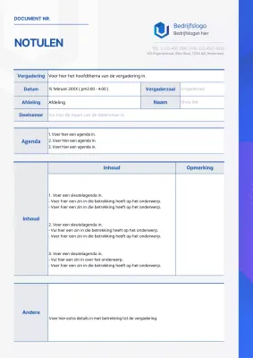 Eenvoudige notulen van een zakelijke vergadering met een blauw en grijs grafisch concept