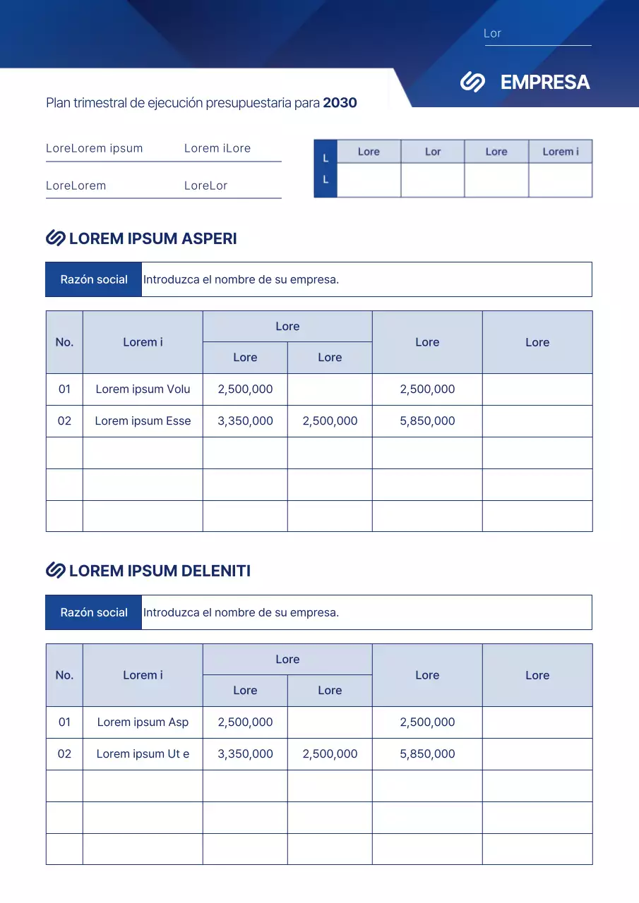 Plan trimestral de ejecución presupuestaria en estilo gráfico azul