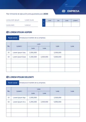 Plan trimestral de ejecución presupuestaria en estilo gráfico azul